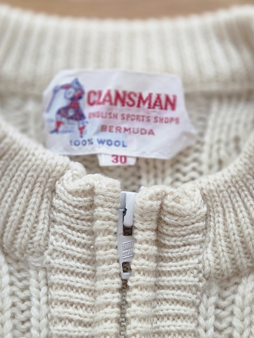VTG Cream Cable Knit Zip Up Cardigan Sweater kids 10 wool made in Bermuda